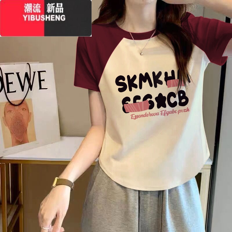 YIBUSHENG时尚插肩短袖t恤女装2024新款修身短款别致上衣设计感小身高清大图