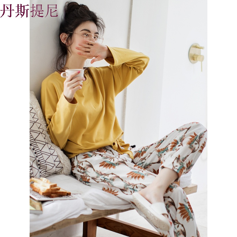 睡衣女春秋纯棉长袖可外穿韩版清新学生蝴蝶结圆领宽松家居服套装