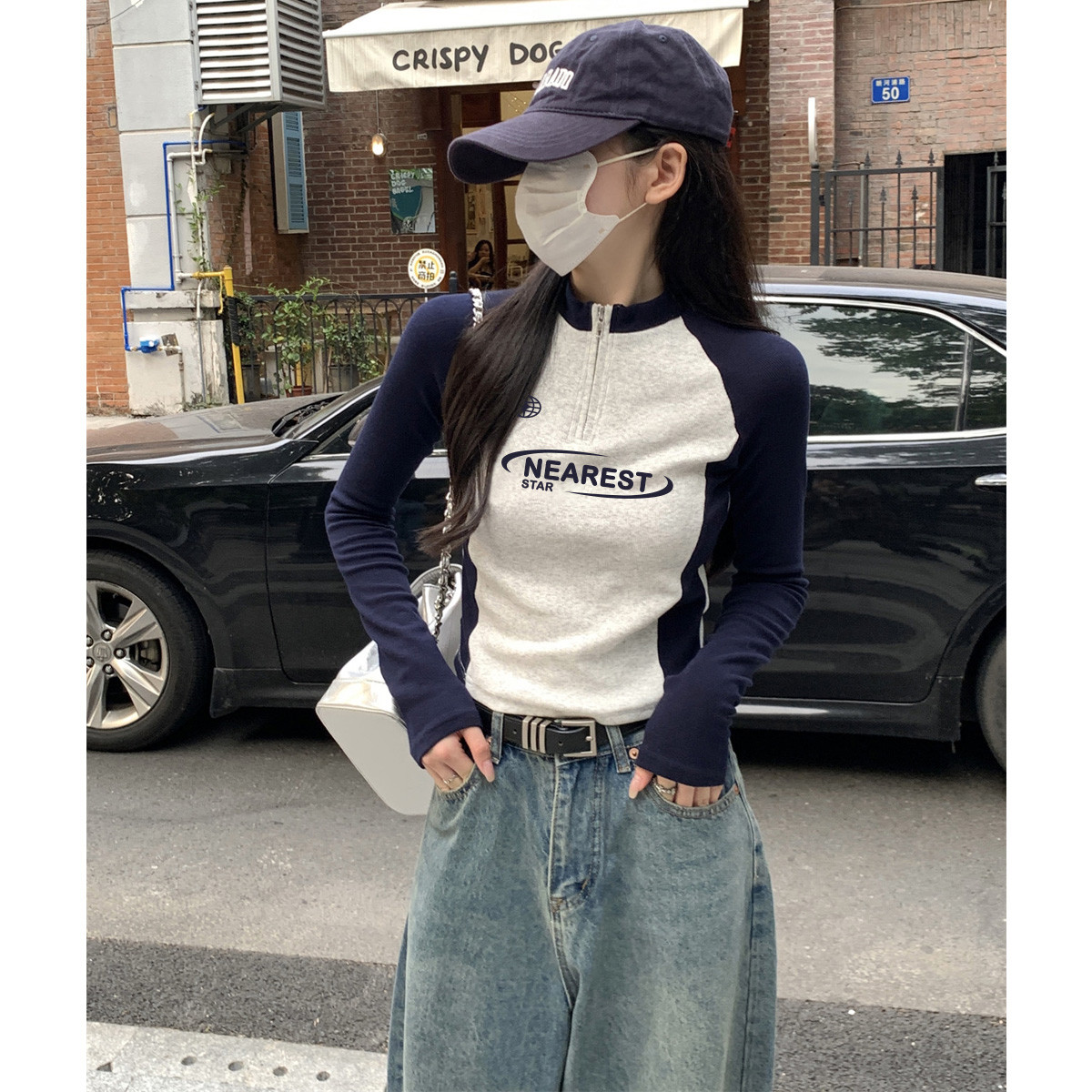 [2.5折价70元]唐狮春季女立领拉链袖子拼接长袖T恤美式复古百搭韩版气质潮