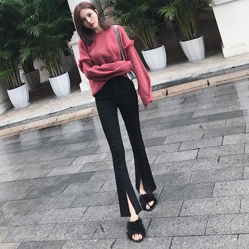 黑色微喇九分裤夏季2018新款女裤高腰裤子学生chic风喇叭裤女春秋