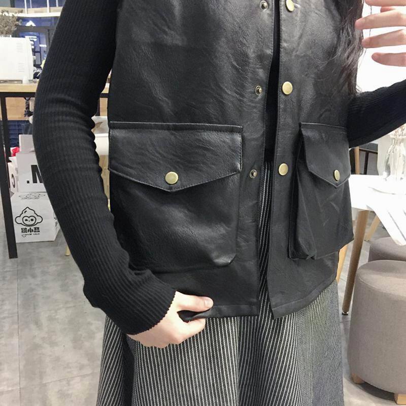 春秋韩版PU皮马甲女港味短款百搭机车无袖皮衣背心坎肩潮 黑色 均码