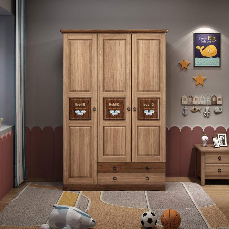 兰秀家居 胡桃木实木儿童衣柜2门3门衣柜儿童小孩卧室衣橱三拉门衣柜
