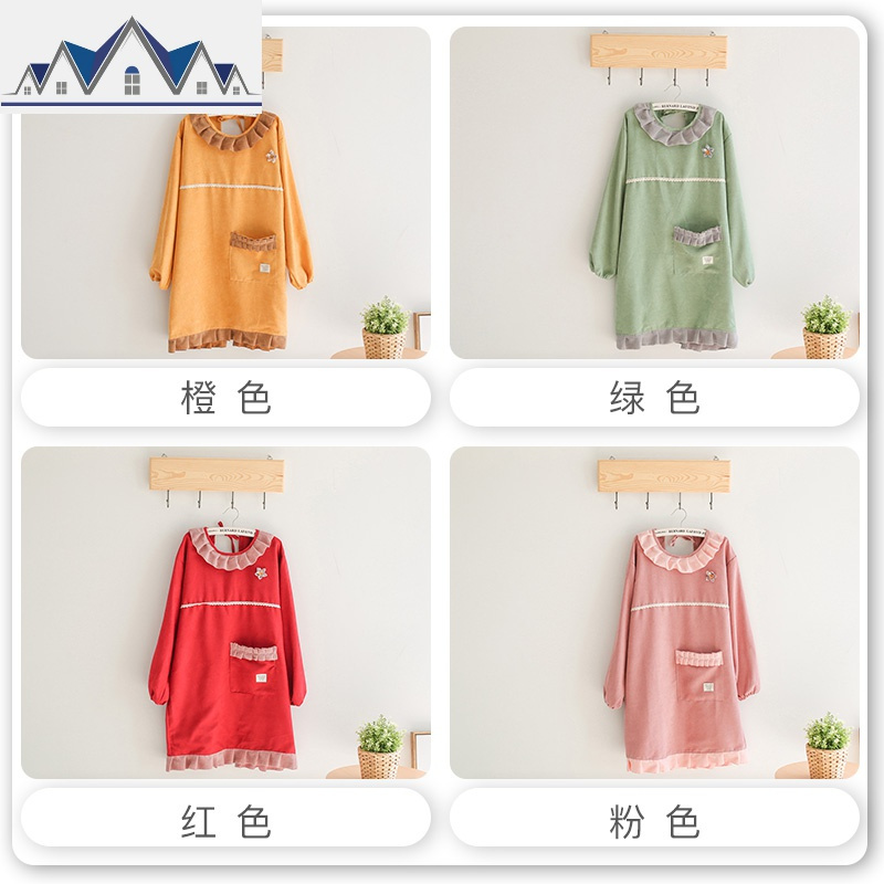 厨房家用围裙长袖防水防油做饭韩版时尚罩衣成人女可爱围腰反穿衣 三维工匠