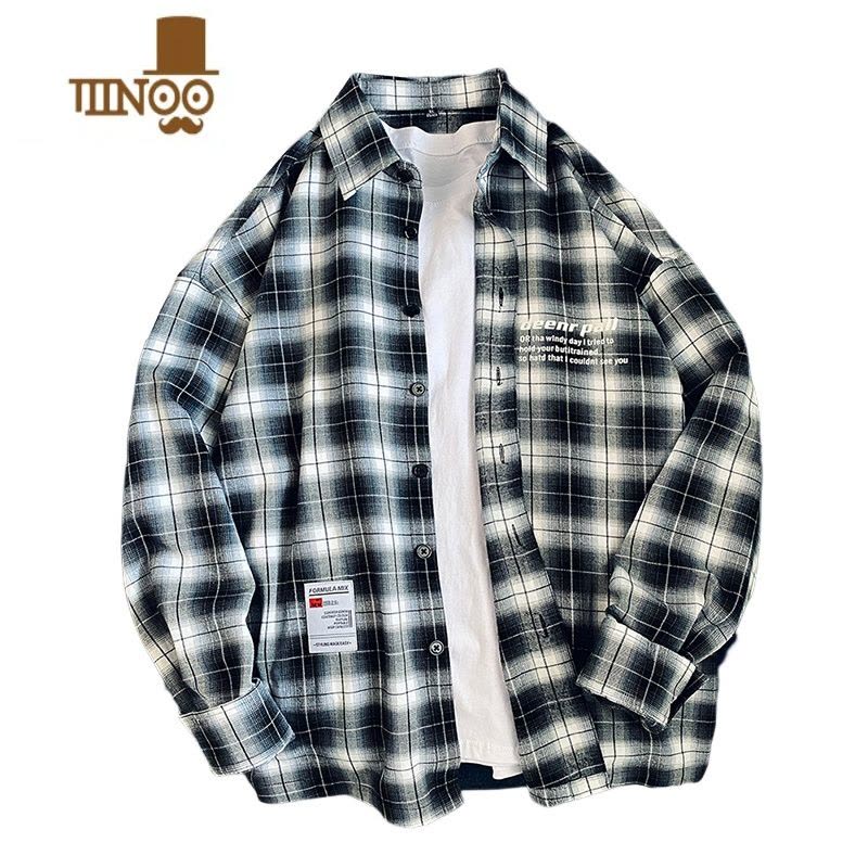 YANXU格子长袖衬衫男款潮牌日系复古衬衣男士休闲宽松百搭寸衫外套图片
