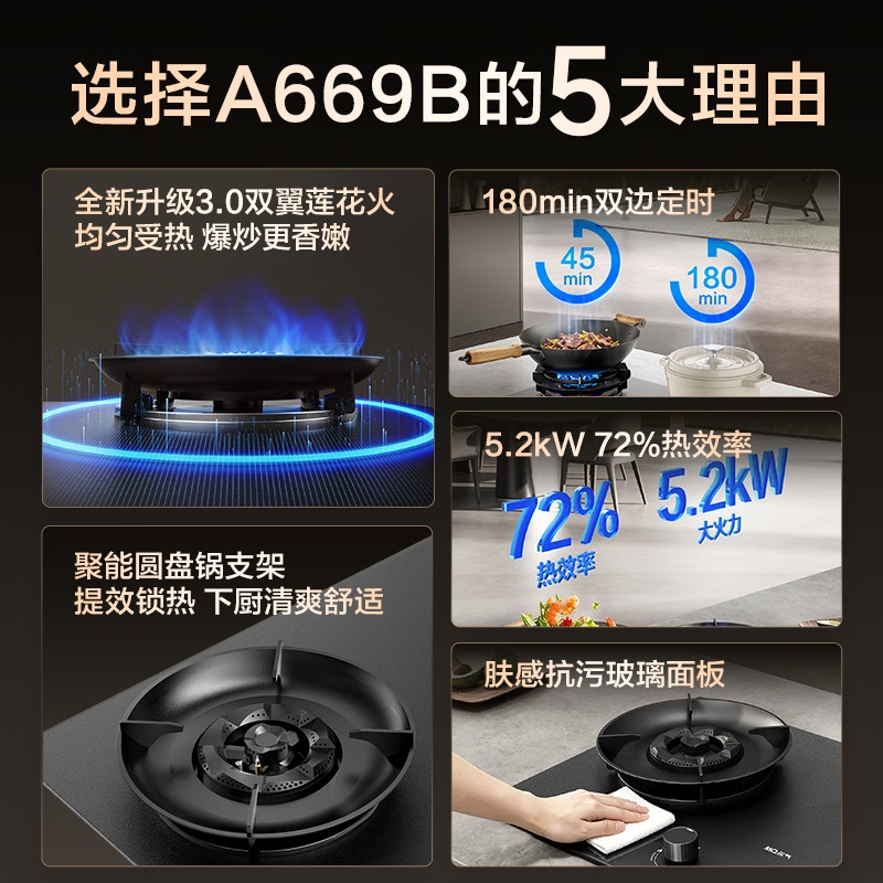 名气MQ燃气灶双眼灶5.2kW大火力钢化玻璃面板台嵌两用设计双边可定时A669B-H2P高清大图