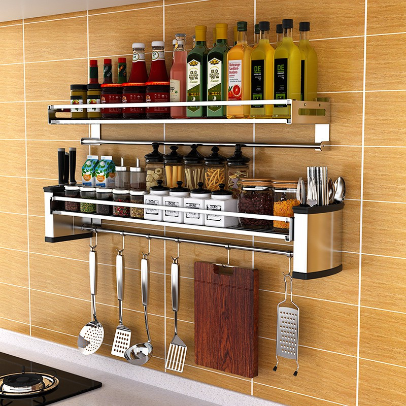 免打孔钉304不锈钢厨房置物架调料架壁挂用品家用大全收纳架墙上收纳