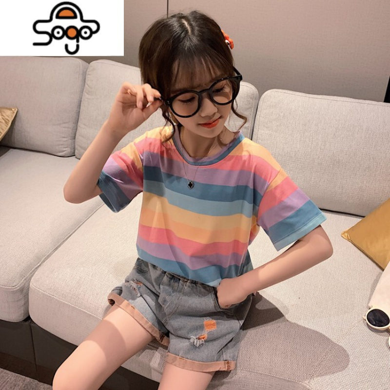 女童夏装套装儿童网红洋气2022新款大童装夏季短袖短裤运动两件套 七色王国
