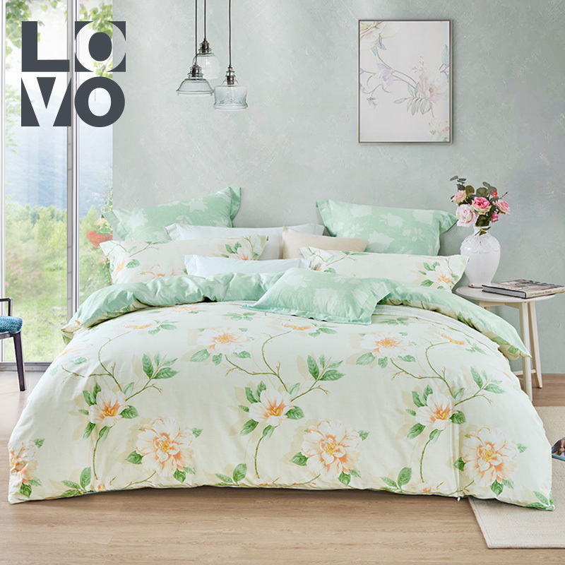LOVO家纺罗莱生活出品床品四件套全棉斜纹山茶花图案田园风 精致绗缝 床上用品纯棉床单被套枕套1.5/1.8米床花开漫舞