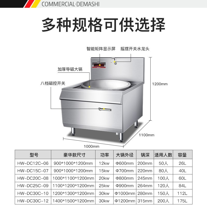 德玛仕(DEMASHI)大功率商用电磁炉 电磁大锅灶学校食堂酒店电灶台HW-DC12C-06单头大炒锅12kw(304)高清大图