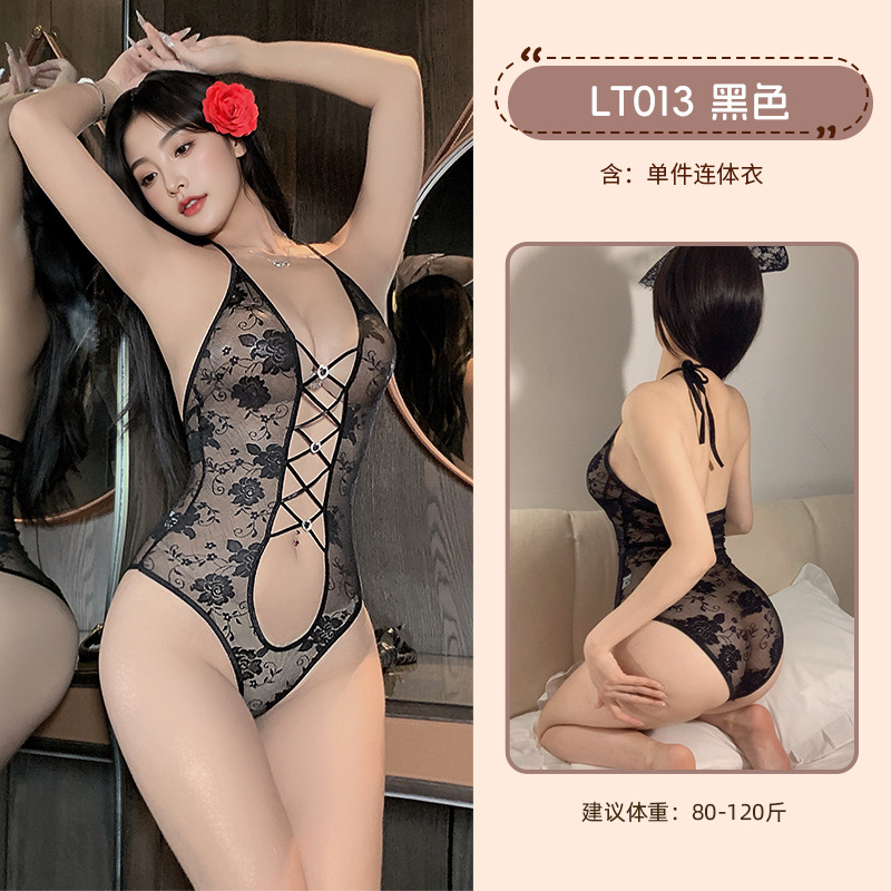 九里晴川性感纯欲蕾丝挂脖连体衣诱惑露乳缕空透视紧身女情趣内衣 九里晴川LT013【蕾丝挂脖连体衣-黑】 均码