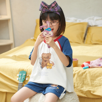 浪莎儿童睡衣女夏季纯棉宝宝薄款宽松短袖女孩中大卡通家居服套装