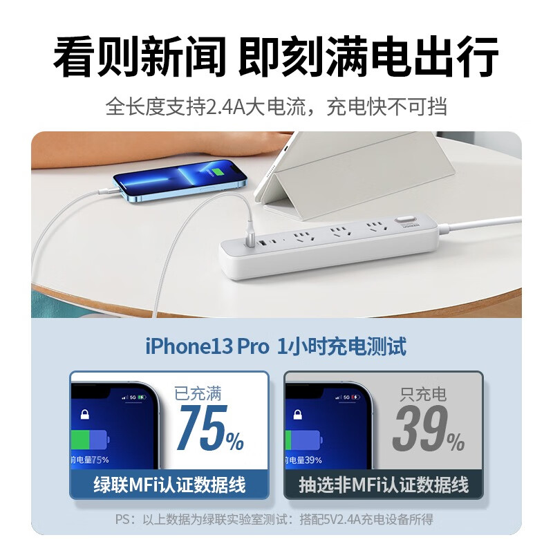 绿联苹果数据线 USB转Lightning数据线 MFi认证 1.5米 深空灰US199(60157)高清大图