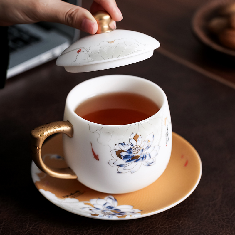 領藝 优选渡景山房羊脂玉描金茶杯德化白瓷素烧白玉瓷马克杯大容量陶瓷办公杯 羊脂玉贵仁杯(妙色清欢)黄金款礼盒装