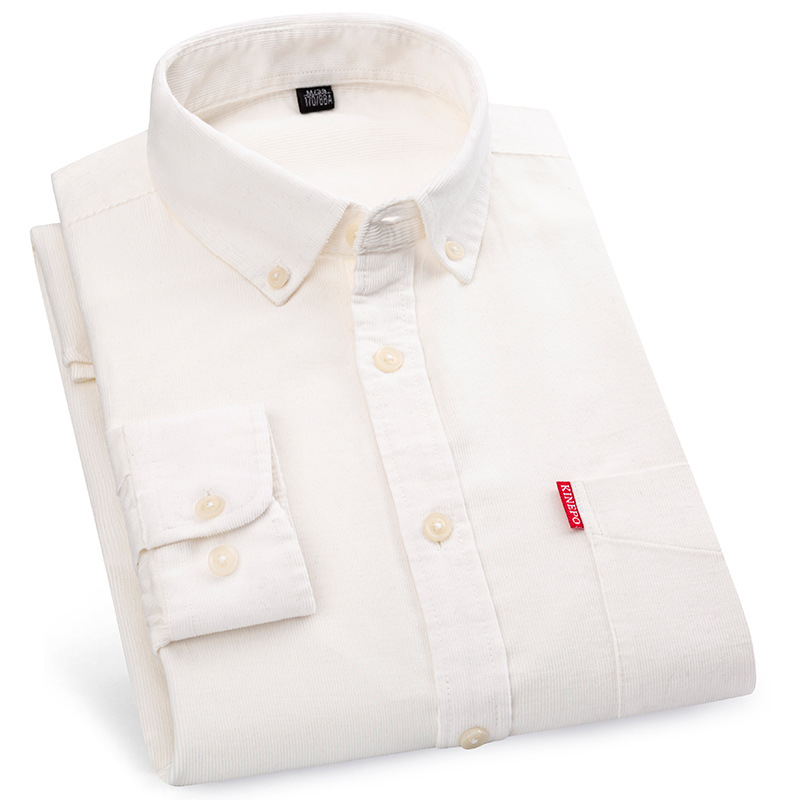 春秋新款全棉灯心绒长袖衬衫男修身工装衬衣男士条纹潮流商务寸衫