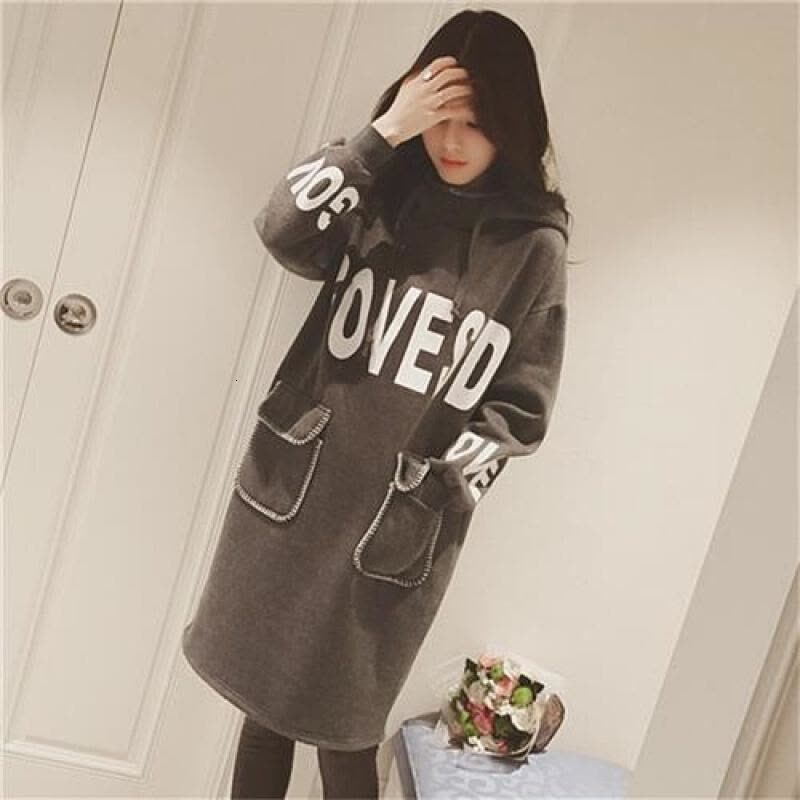 迪鲁奥(DILUAO)孕妇加绒外套中长款 孕妇连帽外套裙 孕妇装秋冬连帽外套宽松大码孕妇外套b1019- 深灰色图片