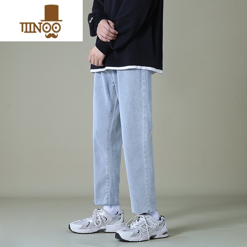 YANXU夏季浅蓝色牛仔裤男九分裤直筒宽松男士休闲韩版潮流毛边长裤子高清大图