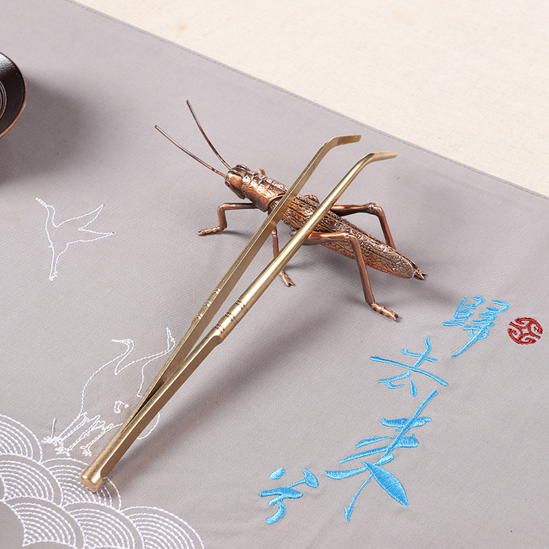尚帝(shangdi)茶道配件茶夹子杯夹茶宠摆件托架笔架子功夫茶具配件 手工蟋蟀大号纯铜茶夹2件套