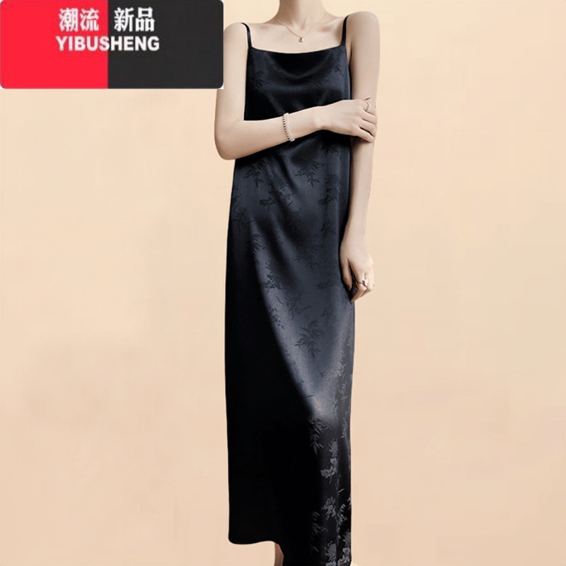 YIBUSHENG季高级感吊带连衣裙女设计感小众裙子醋酸新款宽松缎面中长款裙 黑色 L120-140斤