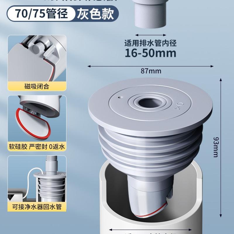 下水管道防臭密封圈硅胶塞厨房洗手盆洗衣机排水管堵口防返臭-管道密封圈【双用防臭塞】灰色70/75不带