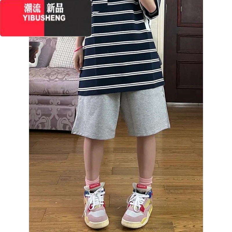 YIBUSHENG美式五分运动短裤女季2024新款休闲宽松bf慵懒直筒半截中裤 灰色 XL
