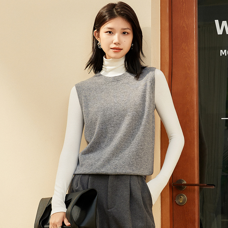 [100%羊毛]恒源祥纯色针织背心女秋冬新款弹力简约风羊毛衫马甲