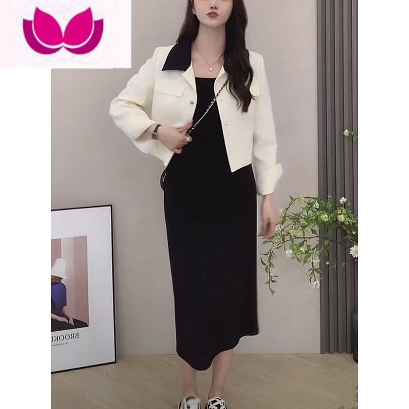 七斓法式甜辣风休闲时尚套装女春季修身拼色短外套显瘦吊带裙套潮图片