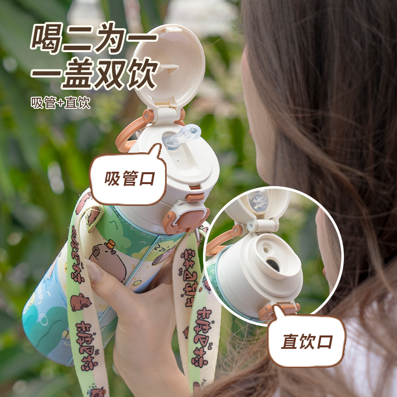 迪乐贝尔 卡皮巴拉卡通316不锈钢保温杯双饮杯便携杯520ML[D9284] 白色高清大图