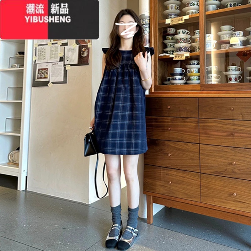 YIBUSHENG蓝色小飞袖格子吊带连衣裙子女装季2024新款小个子无袖背心短裙 蓝格裙 55/60kg/L