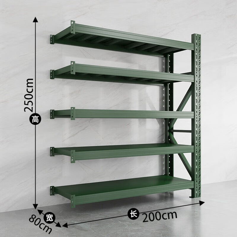 戴劲货架仓储库房储物架军绿色五层副架300kg/层重型200*80*250cm高清大图