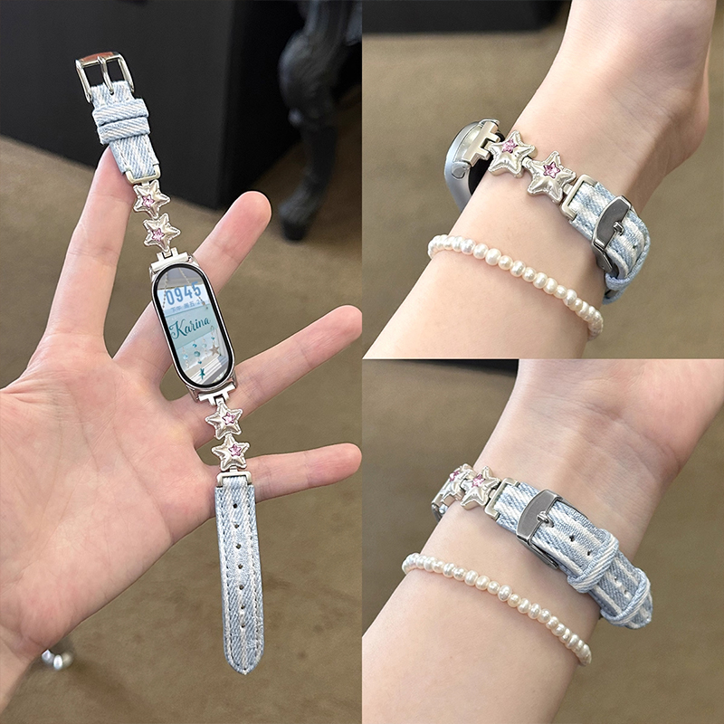 适用于小米手环10星星拼牛仔皮质表带小米9/8pro多巴胺金属新款女3139B高清大图