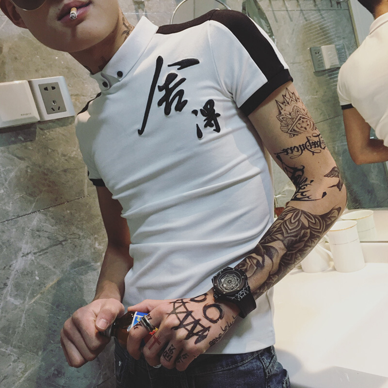 夏季韩版社会小伙紧身半袖男士潮流半截袖上衣服精神短袖T恤带字
