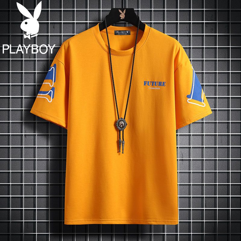花花公子夏季新款潮流字母印花短袖T恤男圆领宽松五分袖打底青年