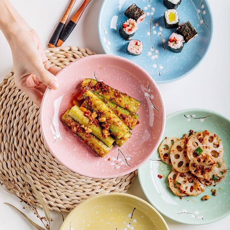 混色 同款4勺 日式陶瓷盘子8寸家用创意大盘子菜盘圆形盘深浅圆盘碟子套装4个装图片