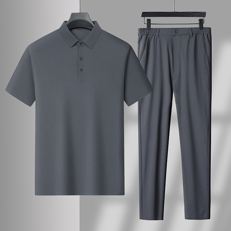 啄木鸟男士夏季薄款无痕高弹冰丝翻领短袖两件套透气休闲速干套装高清大图