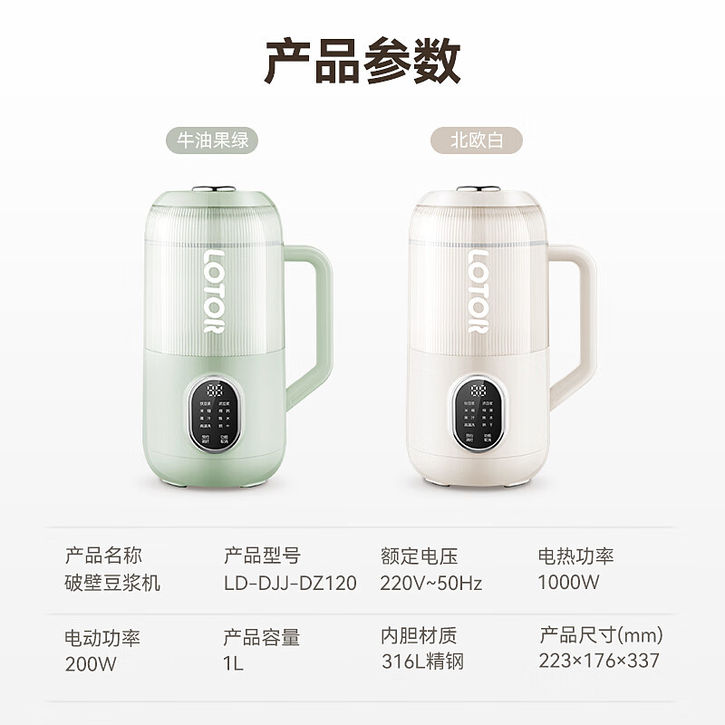 LOTOR徕多豆浆机小型家用破壁机全自动免煮静音料理机多功能辅食一键清洗防溢榨汁机4人