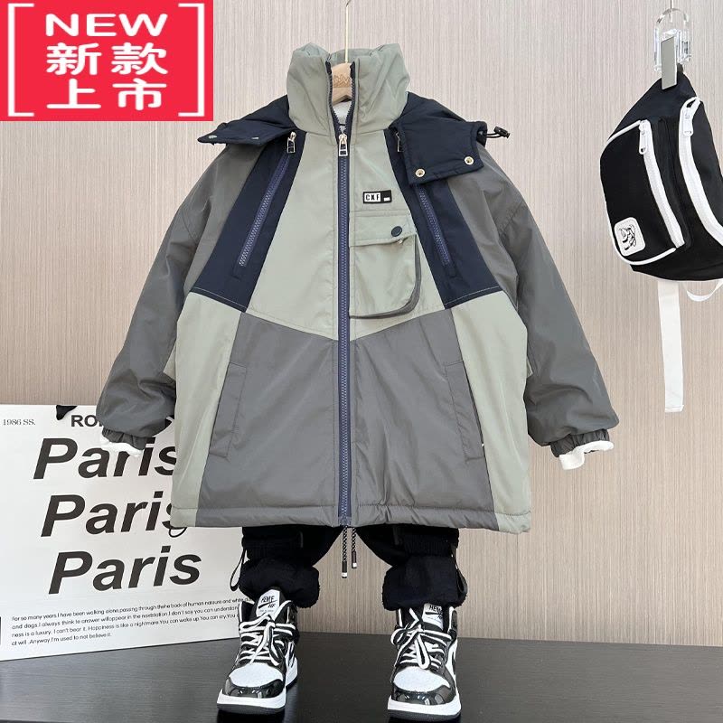 可莉允男童拼接工装外套冬装棉服儿童加绒冲锋衣韩版中大童加厚棉衣夹克图片