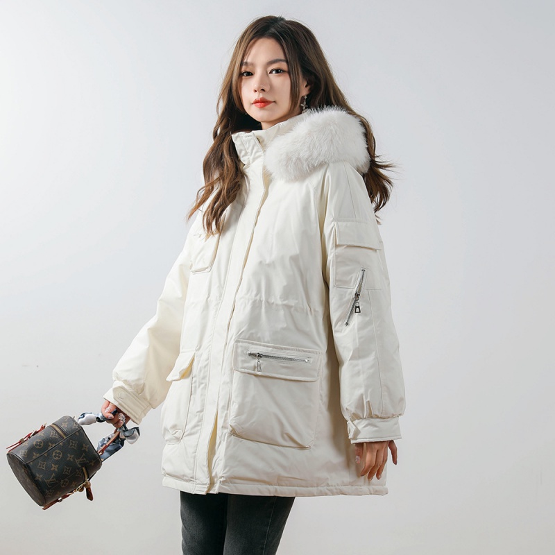 新款纯色简约羽绒服女抽绳宽松加厚韩版大毛领外套派克服高清大图