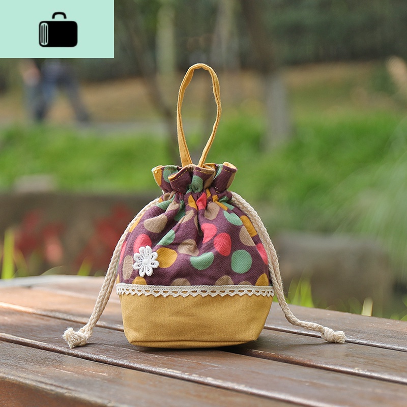 迷你抽绳束口袋女士外出购物手拎小包卫生巾钥匙零钱收纳袋日韩包NEW LAKE女士钱包/卡包 黄底圆点