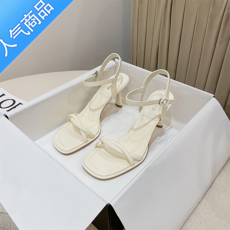 SUNTEK设计感绿色简约凉鞋女夏2023年新款交叉细带露趾高跟鞋细跟 米色跟高7cm 38