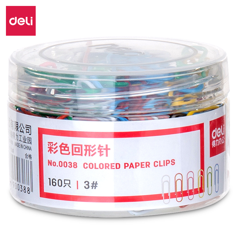得力(deli)0038回形针 彩色 筒装 彩色回形针/曲别针 办公用品 160只/1盒 3# 10盒