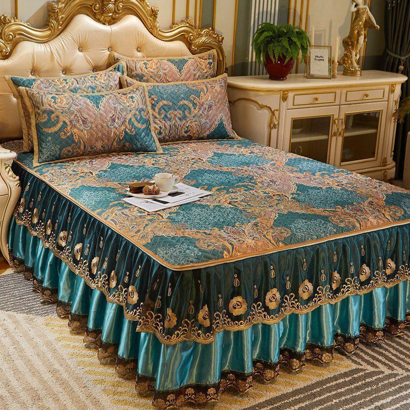 家柏饰(CORATED)夏季床裙冰丝凉席三件套空调软席1.8m可水洗可折叠1.5米夹棉席子 绿色迷情（HN）（1200D+可脱卸床裙） 1.5m（5英尺）床