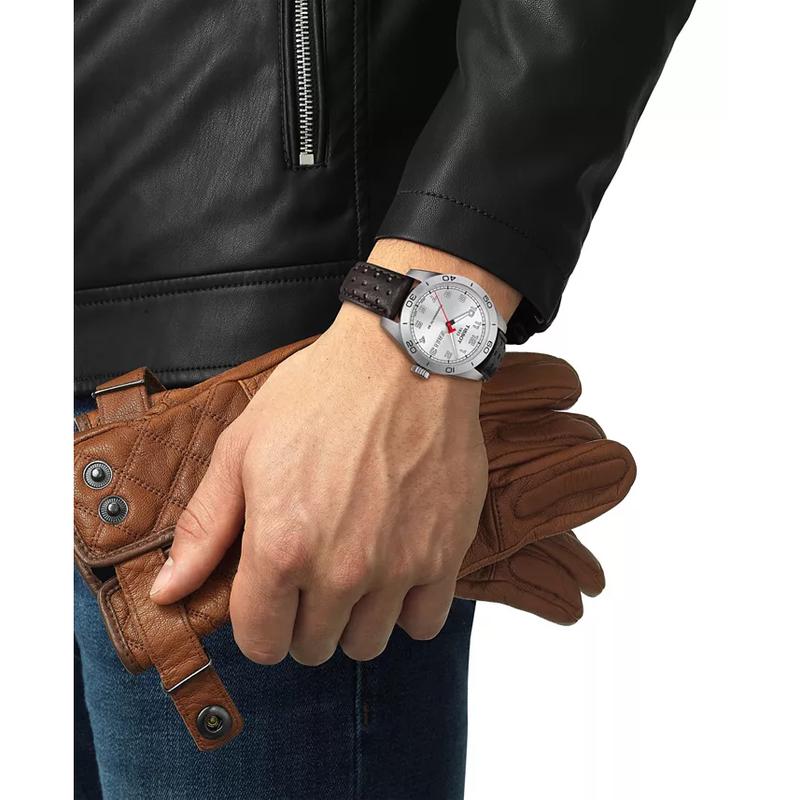 天梭(TISSOT)瑞士自动机械表男表银色日历窗不锈钢表壳棕色打孔皮带防水100米高清大图