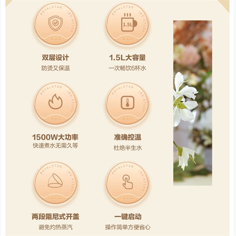 荣事达(Royalstar) RS-KT15H电热水壶 1.5L大容量大功率快速煮水泡茶304不锈钢内胆高清大图