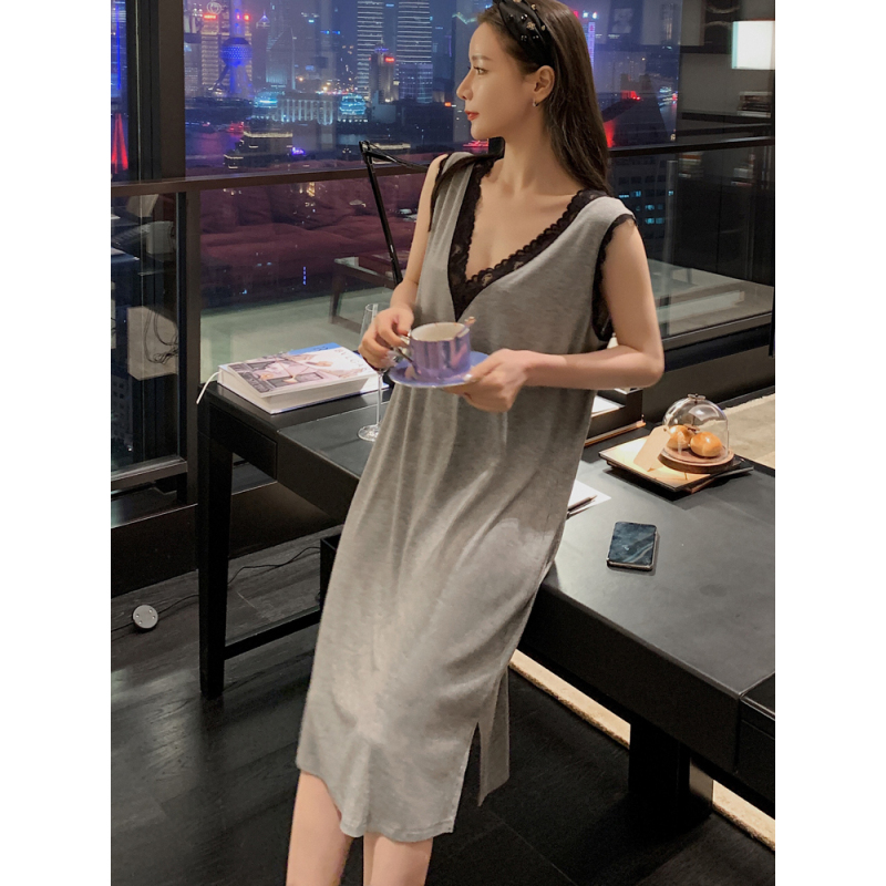 YUNWUXIN莫代尔睡裙女夏季性感薄款蕾丝无袖露背睡衣夏天背心睡裙女吊带裙睡衣