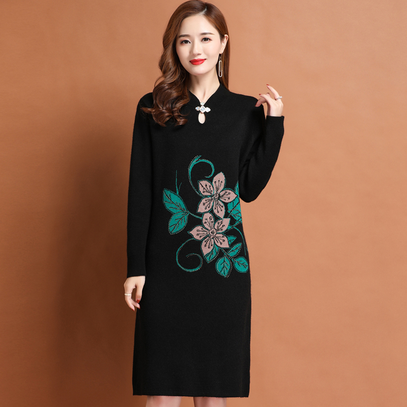 加厚新中式国风改良旗袍包臀长裙子女春秋大码收腰针织打底羊绒连衣裙红色旗袍裙气质长款复古高级感敬酒服连衣裙高清大图