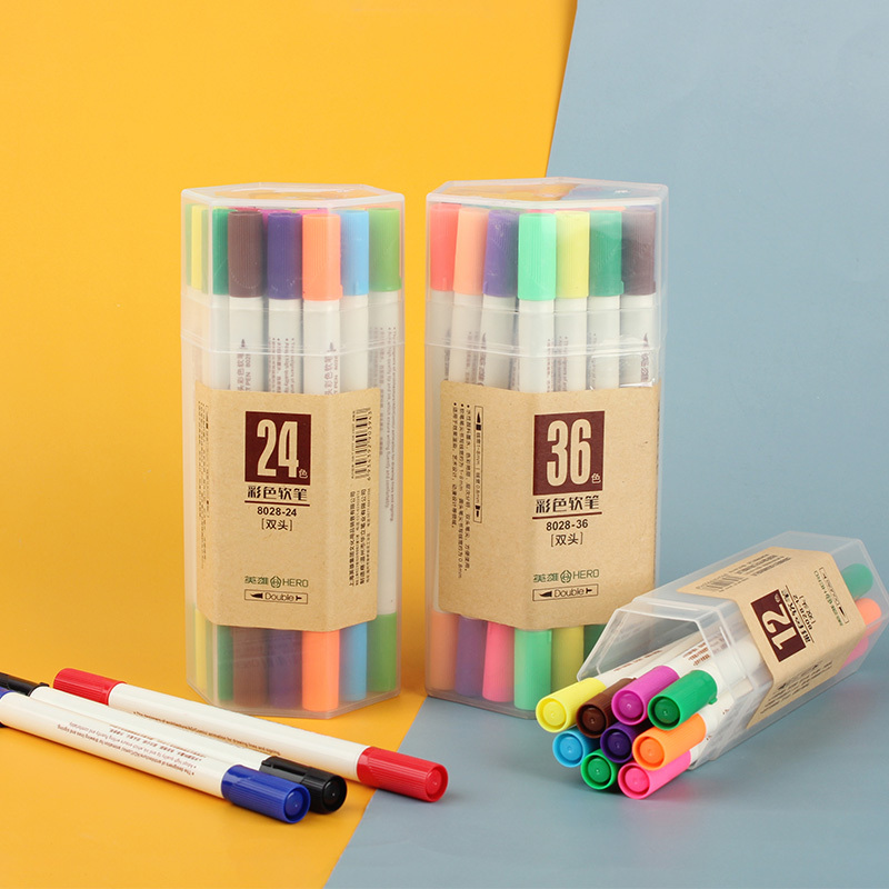 HERO英雄8028双头彩色软笔水彩笔学生画画套装初学者用12色24色36色水彩软笔美术绘画使用