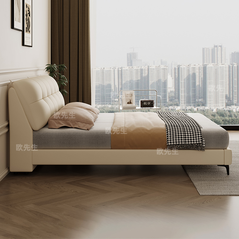 泡芙头层牛皮床主卧次卧双人大床实木真皮极简婚床高清大图