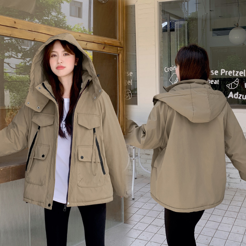 2024新款冲锋衣连帽棉服加厚保暖外套女工装棉衣宽松百搭时尚棉袄 军绿色 L