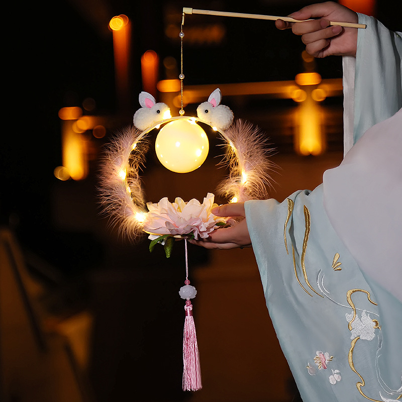 中秋节灯笼 手工diy材料制作儿童花灯兔子灯节日手提发光古风宫灯-DIY幻彩羽毛双兔粉色50个装高清大图
