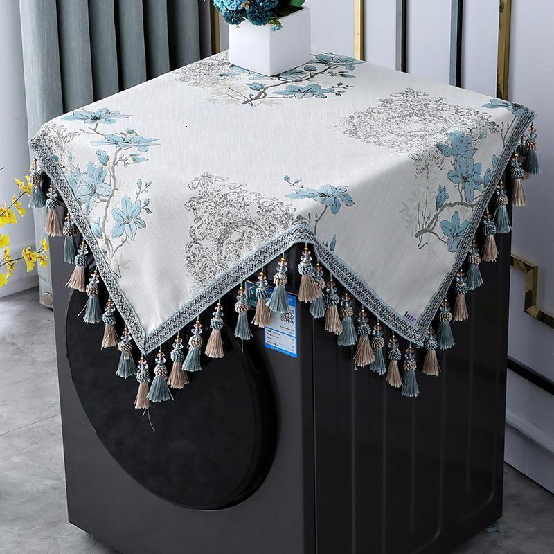 新中式滚筒洗衣机盖布中国风冰箱布盖巾室内正方形 芳华蓝色(双色吊穗)洗衣机盖布 110*110cm(尺寸含吊穗尺寸在内)高清大图
